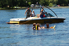 Almost ready to start: boat and  ski-skier, in the water, are ready to go!